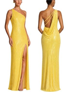 NWT Mac Duggal Lemon Sequin One Shoulder Cowl Back Gown Size 12